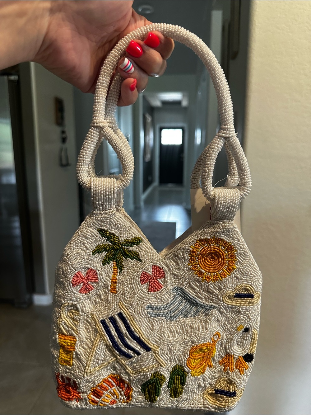 White Beaded Tropical Tote with Sun and Palm Motif